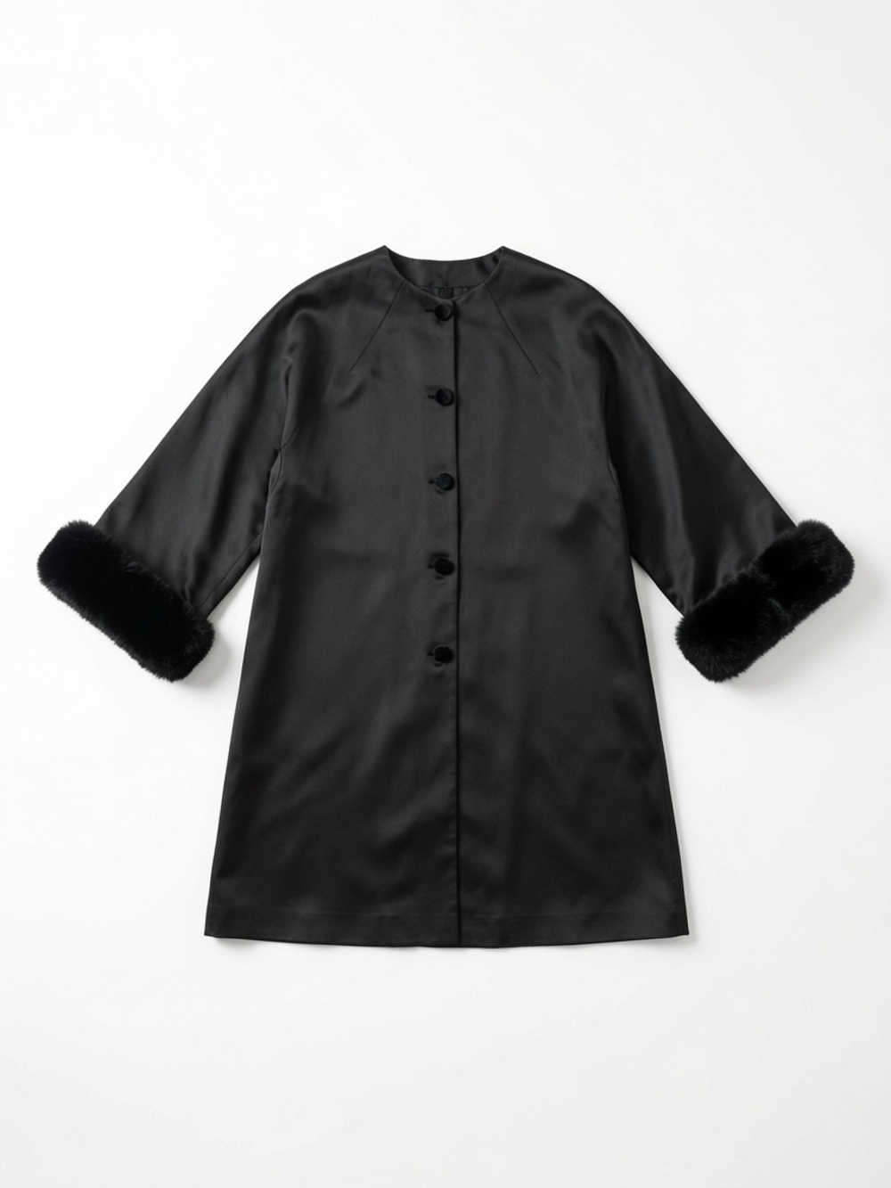 Gusto Black Satin Nightcoat with Faux Fur Cuffs Size M 2